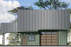 this is an artist's rendering of a small house with garage and attached porch