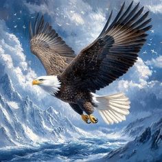 an eagle flying over the ocean with mountains and clouds in the background