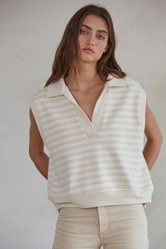 FINAL SALE - Evelyn Top Cream and taupe striped vest top. Polo-style collared neckline Ribbed trim Relaxed, oversized fit 100% Cotton | Model is wearing a size Small Top Polo, Tee Ideas, Striped Vest, Polo Outfit, Matching Sets Outfit, Tank Outfit, Striped Vests, Inspo Pics, Corset Crop Top