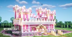 a minecraft house with pink and white trim