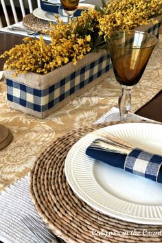 Fall table setting with neutrals, gold stems and blue buffalo check ribbon. Island Tray Decor, Kitchen Island Tray Decor, Kitchen Island Tray, Simple Centerpiece Ideas, Fall Table Setting Ideas, Tablescapes Autumn, Casual Table Settings, Blue Buffalo Check