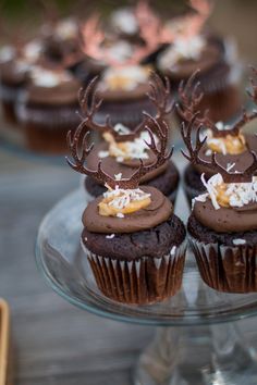 cupcakes with chocolate frosting and decorated antlers on top are sitting on a glass plate