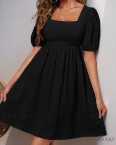 Lasaky - Chic and Relaxed A-line Dress featuring Square Neck and Puffed Sleeves Dress With Square Neckline, Princess Sleeves, Sleeveless Bodycon Dress, Mid Length Skirts, Polyester Dress, Daily Dress, Puffed Sleeves, Square Necklines, Types Of Skirts