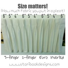 an image of curtains with measurements for size matters and how much fabric you put in a pleated curtain