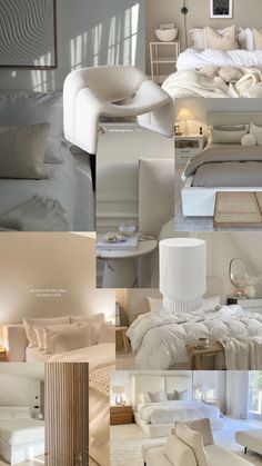 a collage of photos with white furniture and decor