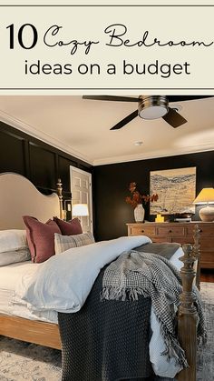 a bed room with a neatly made bed and a ceiling fan