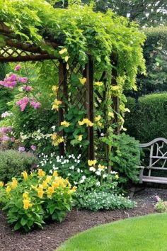 a garden with lots of flowers and greenery