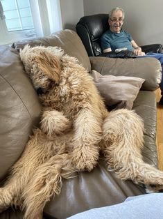 an old man sitting on a couch with his dog