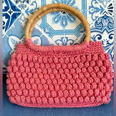 Beautiful Brazilian Handmade Knit Purse Perfect For Summer Pink Knitted Bags For Daily Use, Pink Knitted Bag For Daily Use, Casual Pink Knitted Bag, Everyday Pink Knitted Shoulder Bag, Pink Double Handle Crochet Bag For Everyday, Pink Crochet Bag With Double Handle For Everyday, Chic Pink Crochet Bag For Daily Use, Pink Shoulder Bag With Rolled Handles For Shopping, Pink Woven Crochet Shopping Bag