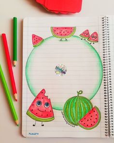 a notebook with watermelon and slices on it next to two pencils,