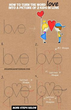 how to turn the word love into a picture of two kids in love with letters and shapes