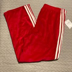 Xl Red With Two White Stripes Down Each Leg Waist 17” - 24” Rise 15” Inseam 30” B10 Red Relaxed Fit Sporty Sweatpants, Red Athleisure Sweatpants For Loungewear, Red Relaxed Fit Sweatpants For Loungewear, Red Cotton Activewear For Loungewear, Sporty Red Full-length Sweatpants, Sporty Red Loungewear Bottoms, Red Stretch Sweatpants, Red Athleisure Bottoms For Loungewear, Red Stretch Sweatpants Sportswear