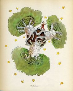 a drawing of a person sitting on top of a tree with stars in the background