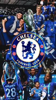 the chelsea team with their trophies in front of an advertisement for the club's football cup