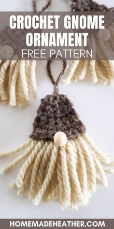 crochet gnome ornament with text overlay that reads, free pattern