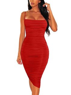 Buy BEAGIMEG Women's Ruched Backless Spaghetti Strap Bodycon Party Club Midi Dress Red at Amazon.in Dress Red, Black Midi Dress, Kids Bags, Spaghetti, Midi Dress