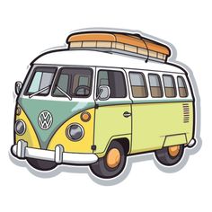 a vw bus with a surfboard on the top of it's roof