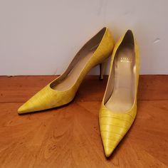 Stuart Weitzman Yellow Crocodile Heels Formal Yellow Heels With 4-inch Heel, Yellow Heels With 4-inch Heel For Formal Occasions, Yellow 4-inch Heel Formal Heels, Yellow 4-inch Heels For Formal Occasions, Yellow Fitted Heels For Formal Occasions, Formal Yellow Heels With Sculpted Heel, Formal Yellow Heels With Reinforced Heel, Black Glitter Heels, Feather Heels