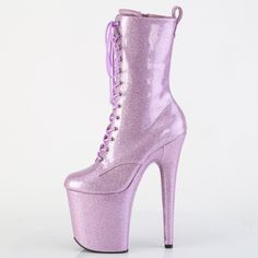 8" High Heel, 4" Platform Glitter Lace Up Ankle Boots. Back Pull Loop, Inner Side Zipper Closure. Lilac Purple Faux Patent Leather. Malf-1040gp Glamorous Shimmer Boots With Round Toe, Purple Closed Toe Party Boots, Glamorous High Heel Purple Boots, Party High-top Platform Boots With 4-inch Heel, Glamorous Winter Platform Heels, Purple Platform Party Boots, Purple Ankle-high Party Boots, Purple Ankle-high Boots For Party, Purple Platform Boots For Party