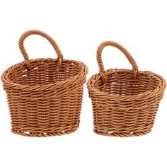 two brown wicker baskets sitting side by side on a white background, one is empty and the other has a handle