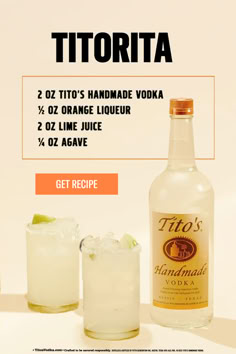 an ad for tiq's lemonade vodka with two glasses and one bottle next to it