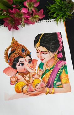 tutorial on YouTube Parvati Mata Drawing, God Painting Indian Easy, Cute Ganesh Ji Drawing, Creative Ideas For Project File, Drawing Ideas Scenery, Cute Youtube Icons, Ganesh Sketch, Parvati Mata, Babies Drawing