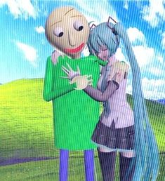 two people standing next to each other in front of a blue sky and green field