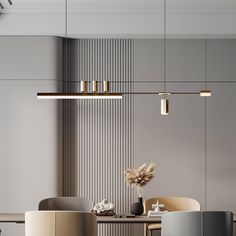 an elegant dining room with modern furniture and lighting fixtures in shades of grey, beige and white