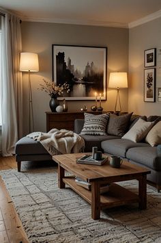 a living room filled with furniture next to a window and a rug on the floor