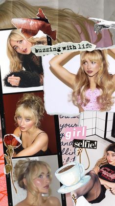 a collage of photos with blonde hair and other women's hairstyles