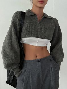 Solid Raglan Sleeve Crop Sweater Without Tube Top Grey Casual  Long Sleeve Fabric Plain Pullovers Slight Stretch  Women Clothing, size features are:Bust: ,Length: ,Sleeve Length: Extreme Cropped Sweater, Sleeve Crop Sweater, Tomboy Femme, 75 Hard, Crop Pullover, Grey Crop Top, Cropped Pullover, Outfit Inspo Casual, Tomboy Outfits