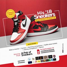 an advertisement for the upcoming air jordans sneaker contest, featuring two red and black sneakers