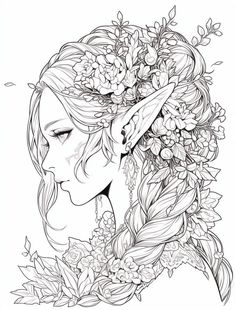 a woman's face with flowers and leaves in her hair, drawn by hand