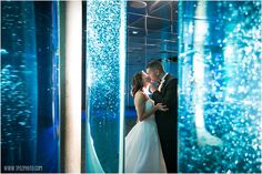 a bride and groom are kissing in front of a blue wall with bubbles on it