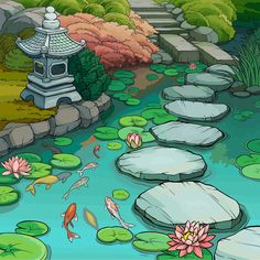 a garden with water lilies, rocks and a pagoda in the middle of it