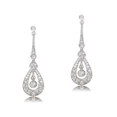 GS590_TV Diamond Filigree Earrings, Estate Diamond Jewelry, Platinum Earrings, Edwardian Style, Tear Drop Earrings, Diamond Dangle Earrings, Filigree Earrings, Diamond Earring, Edwardian Fashion