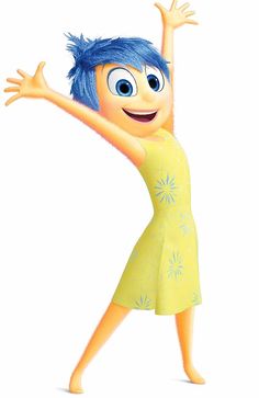 an animated character with blue hair and big eyes, wearing a yellow dress while holding her arms up in the air