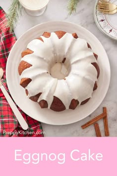 an eggnog bundt cake on a white plate