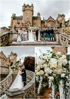 the wedding party is posing for pictures in front of an old castle with white flowers and greenery