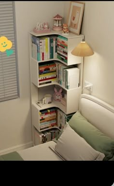 a bed room with a neatly made bed and a book shelf next to the bed