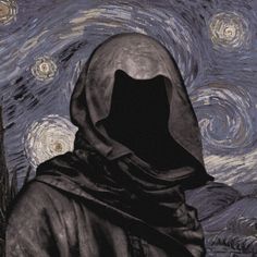 a person wearing a hooded jacket in front of a painting