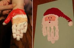 two pictures of handprints with santa clause on them