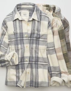 AE Fleece Plaid Shacket Everyday Collared Tops For Fall, Fall Everyday Tops With Pockets, Everyday Fall Tops With Pockets, Classic Plaid Tops For Fall, Collared Winter Outerwear For Casual Gatherings, Plaid Tops With Pockets For Winter, Collared Fall Shacket For Casual Gatherings, White Relaxed Fit Shacket For Winter, Winter Layering Collared Tops