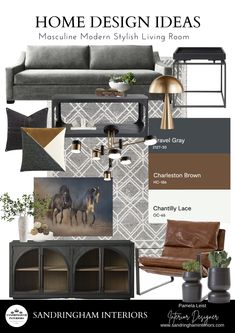 a living room with furniture and decor in shades of gray, brown, yellow and white