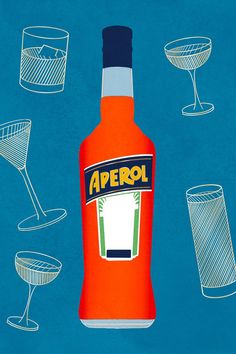 a bottle of aperol sitting next to glasses on a blue background with the word aperol written above it