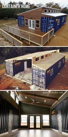 the inside and outside of a shipping container home