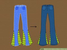 an image of two blue jeans with yellow and green stripes on the bottom, and one in