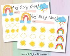 two stickers with rainbows and clouds on them, one has the words my sleep chart