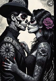 a couple in skeleton makeup hugging each other