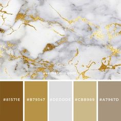 the color scheme is gold and white marble